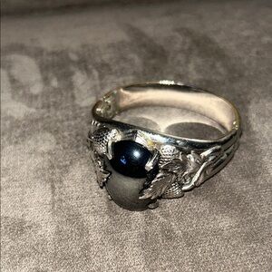 Vintage Ornate Silver Tone Leaf Cuff Bracelet | Large Black Cabochon